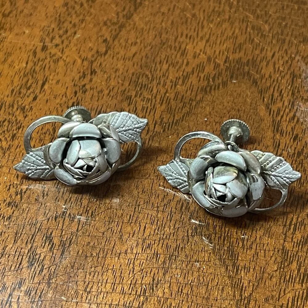 Vintage Silvertone Painted Rose Screw back Earrings